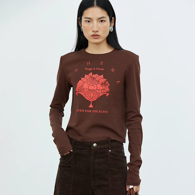 ROHEME 秋冬新款正肩水果印花长袖T恤 修身短款打底衫上衣