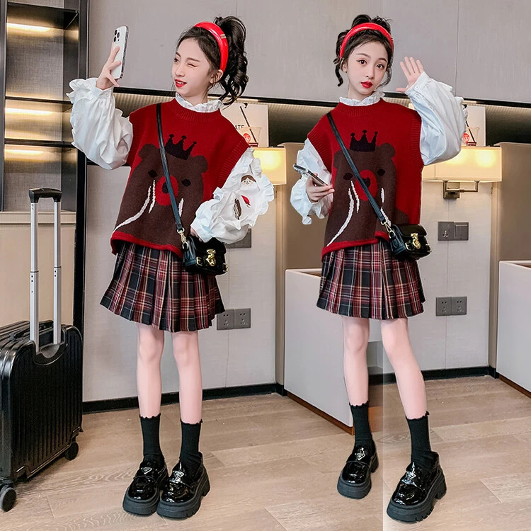 儿童套装jk洋气学院风女孩学生中大童春秋格子百褶女童马甲裙子组
