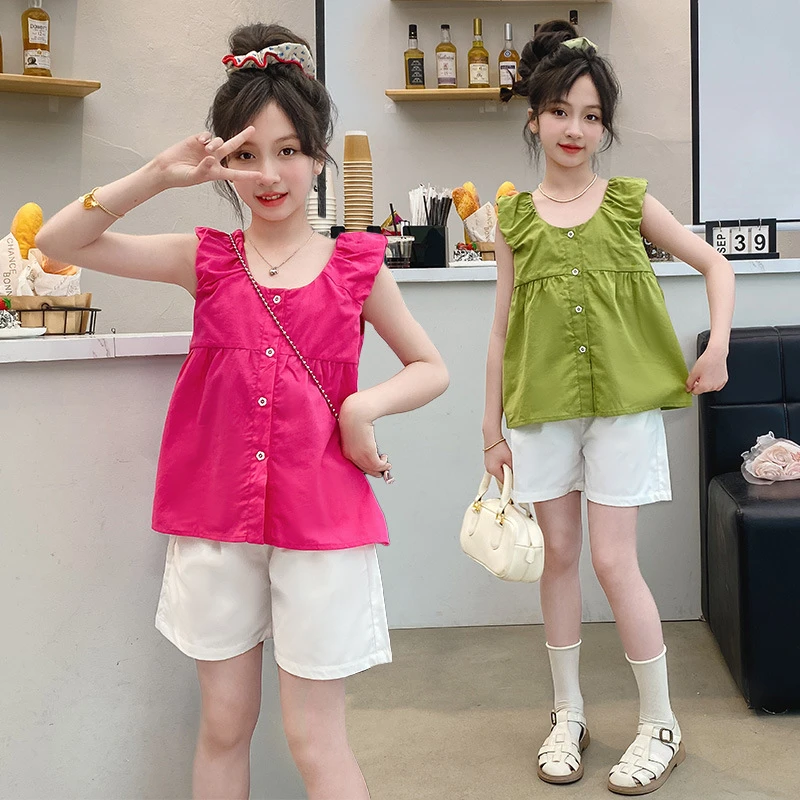 女童夏季套装2024新款儿童夏装洋气飞袖上衣娃娃衫女孩无袖两件套