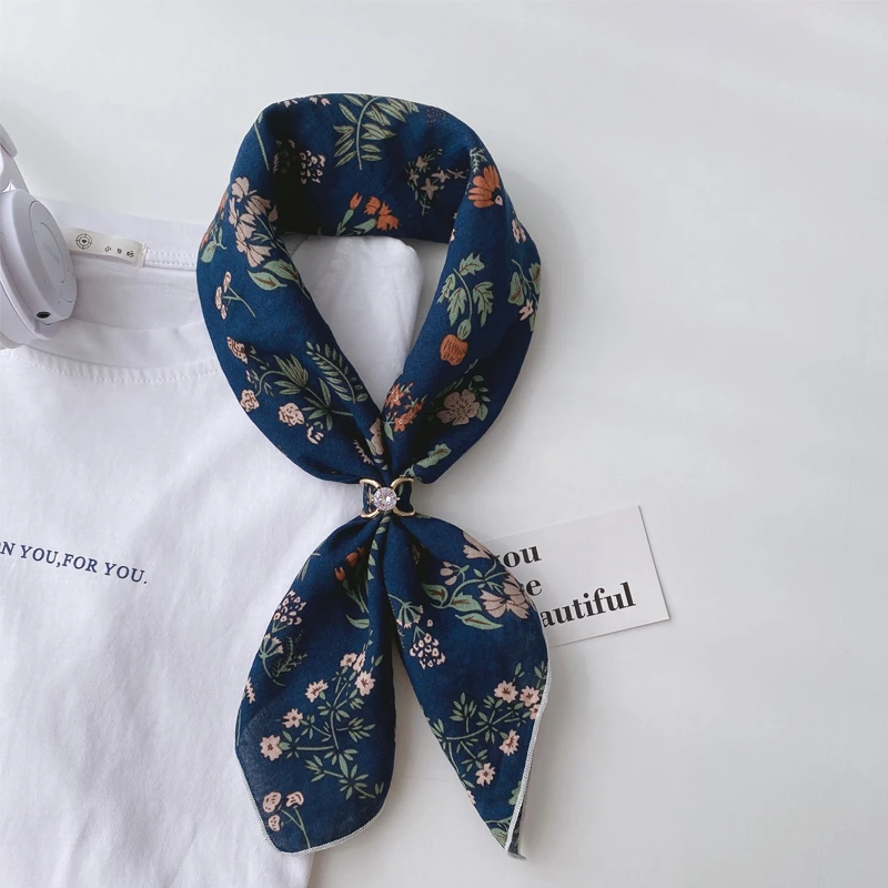 欧迪芊复古棉质花朵小领巾发带女士洋气棉麻护颈薄款围巾方巾头巾