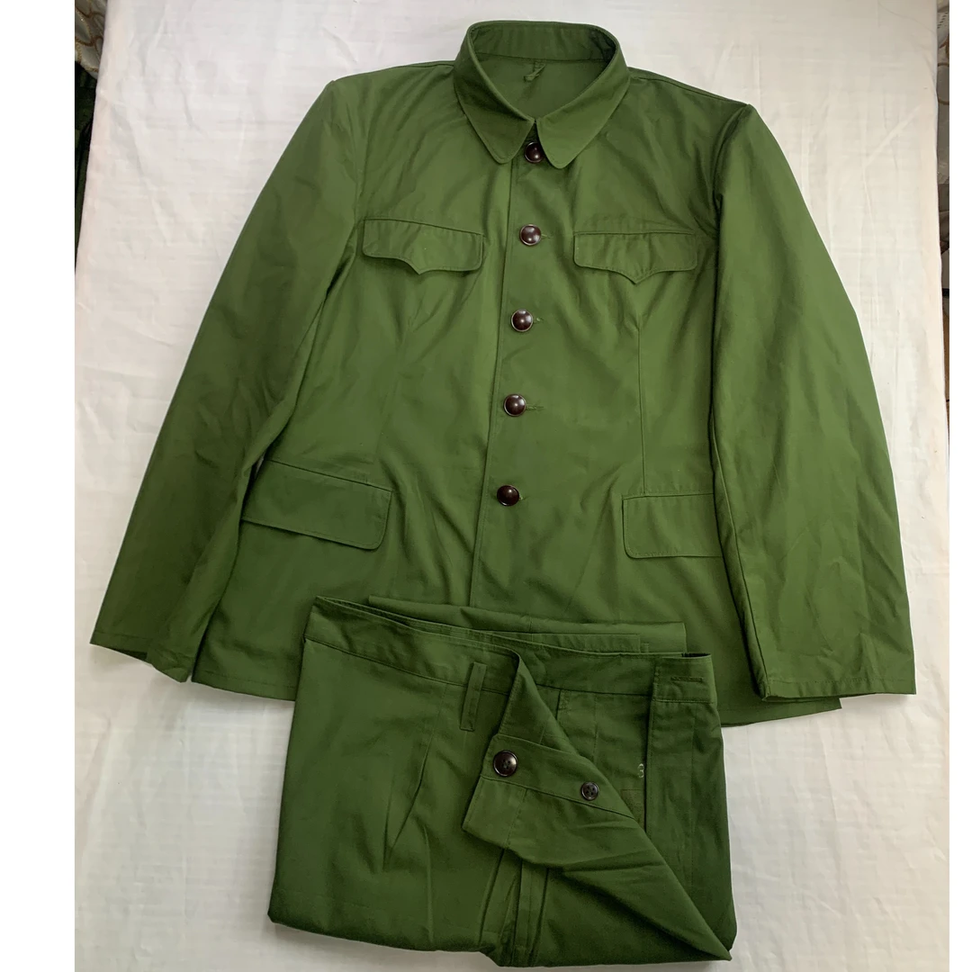 老式65式的确良工作服套装 4兜涤卡干款的确良胶木扣绿色经典