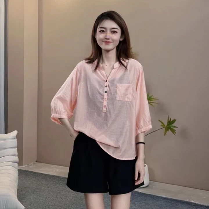 4628 彩扣半开V领休闲百搭简约气质小衫