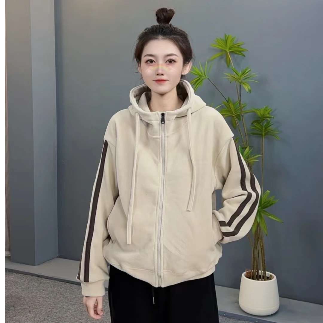 (雪鸥）66785休闲百搭织带袖设计连帽双面绒开衫外套