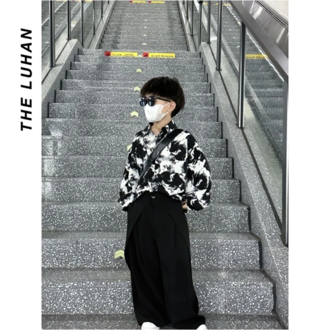 男童衬衫秋装2023新款洋气韩版中大童水墨画衬衣上衣潮春长袖复古