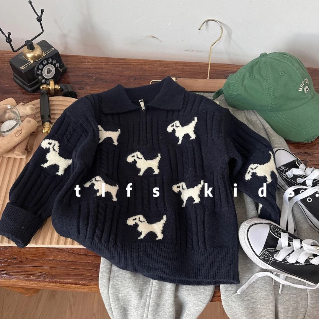 童POLO领麻花毛衣秋冬款男女童洋气时髦卡通小狗针织衫女童针织衫
