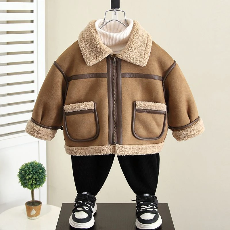 外套2023新款洋气儿童皮毛一体绒呢大衣宝宝加绒上衣服男孩厚外套