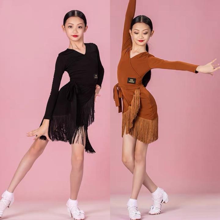 拉丁舞服装流苏舞蹈裙女童恰恰舞秋冬儿童拉丁舞裙连体拉丁舞蹈服