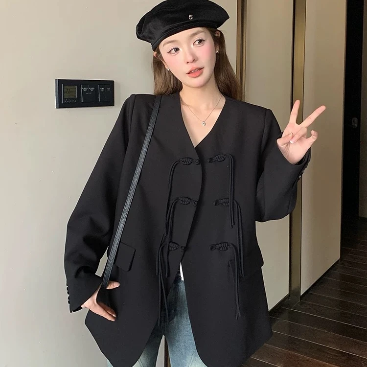 黑色西装外套女2024春秋新款宽松休闲中式盘口小西服上衣时尚百搭