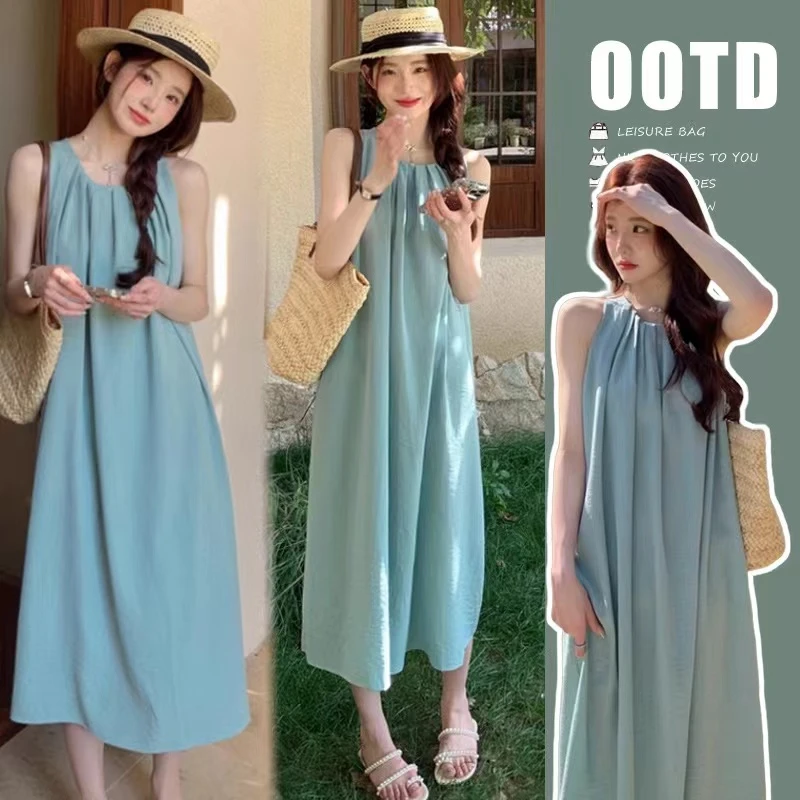 复古纯色背心裙孕妇装产后哺乳衣连衣裙外出夏装无袖月子服喂奶装