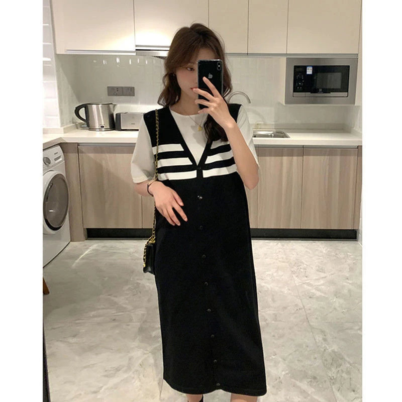 【V条纹】外出喂奶衣夏季连衣裙冰丝针织假两件条纹拼接宽松哺乳衣