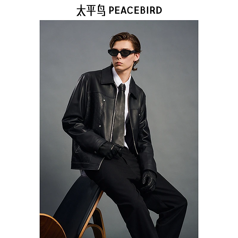 【真皮皮衣】太平鸟男装立体老花皮夹克拼接外套潮B1BDE4F03