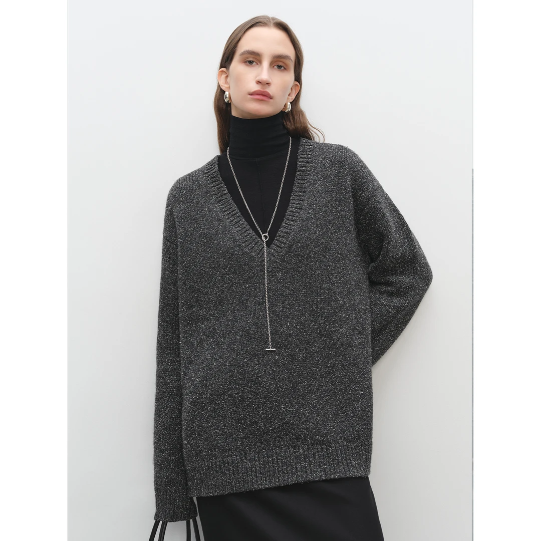 MSBEAST复古粗针加厚真丝羊毛夹花纱 北欧叠穿风V领针织毛衣秋冬