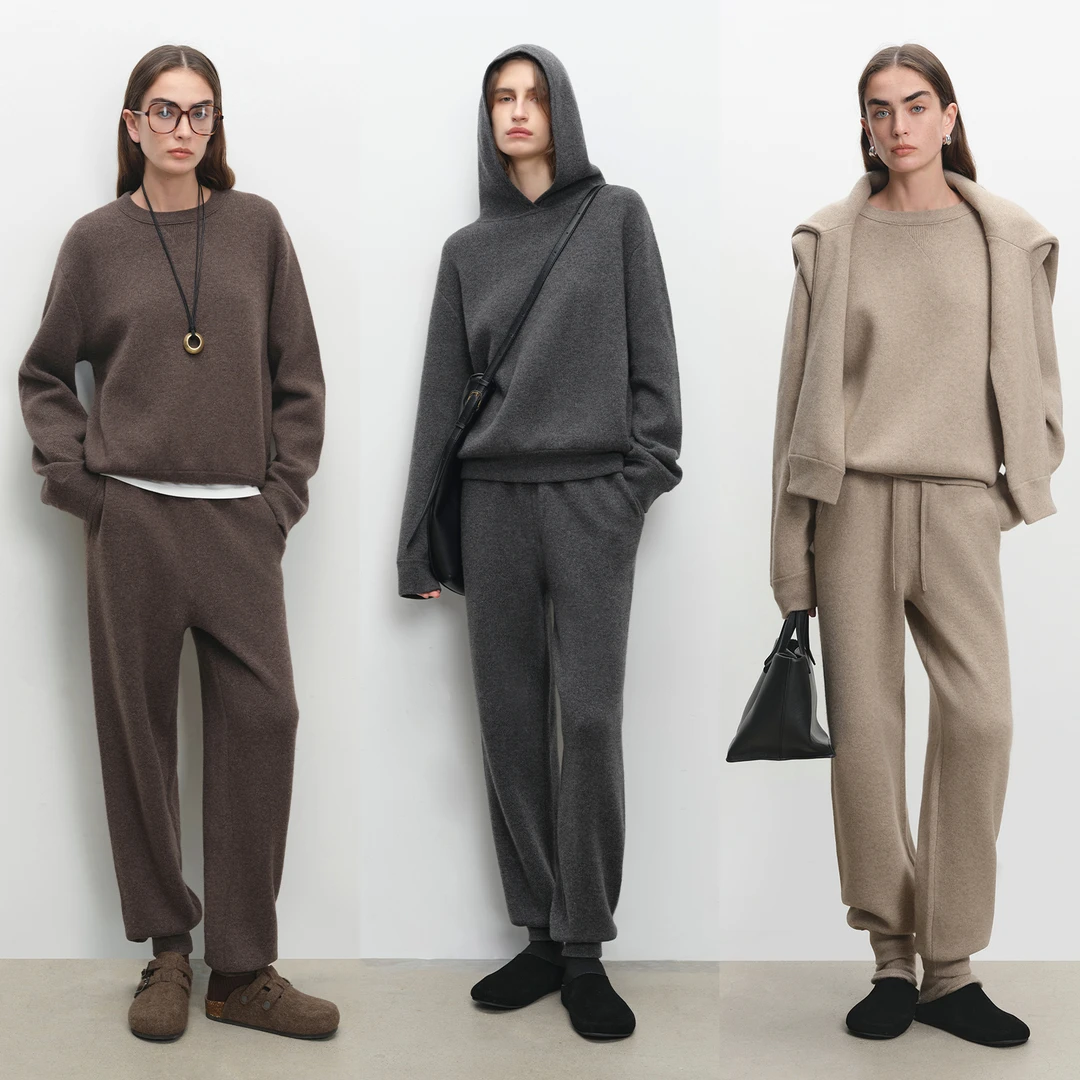 MSBEAST高克重双面提花荃羊绒 连帽/圆领针织套衫+束脚卫裤套装