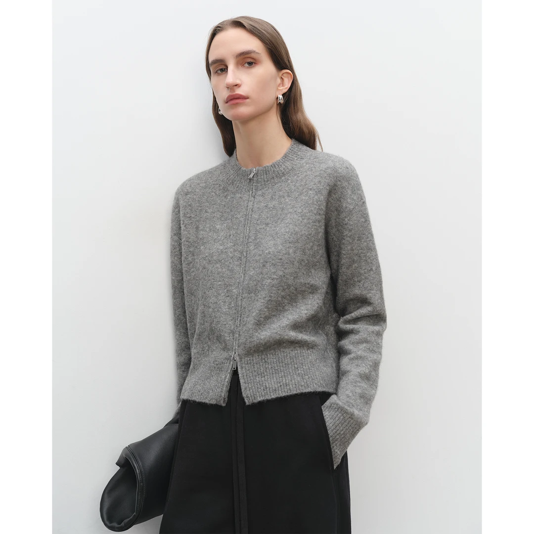 MSBEAST新款加色 截短式圆领双开拉链针织开衫