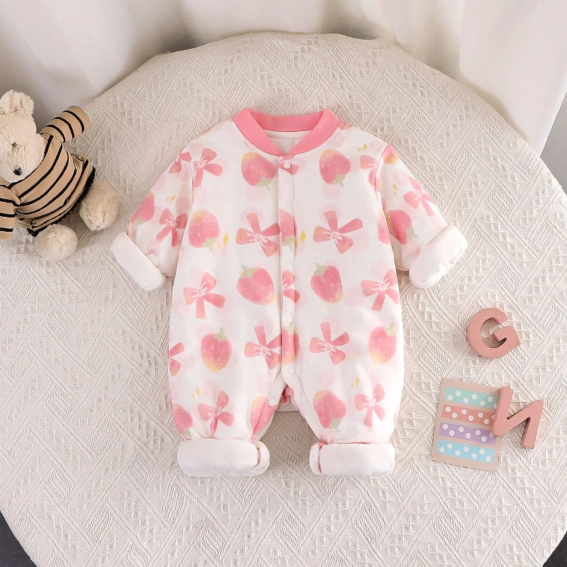 新生婴儿秋冬款连体衣宝宝冬季保暖棉服女宝粉色爬爬服外出服哈衣