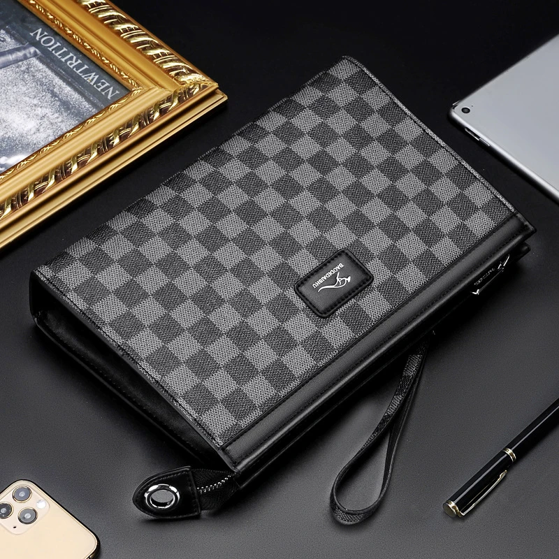 新款男士多功能手包信封包大容量方格款商务手抓包手拿包时尚潮流