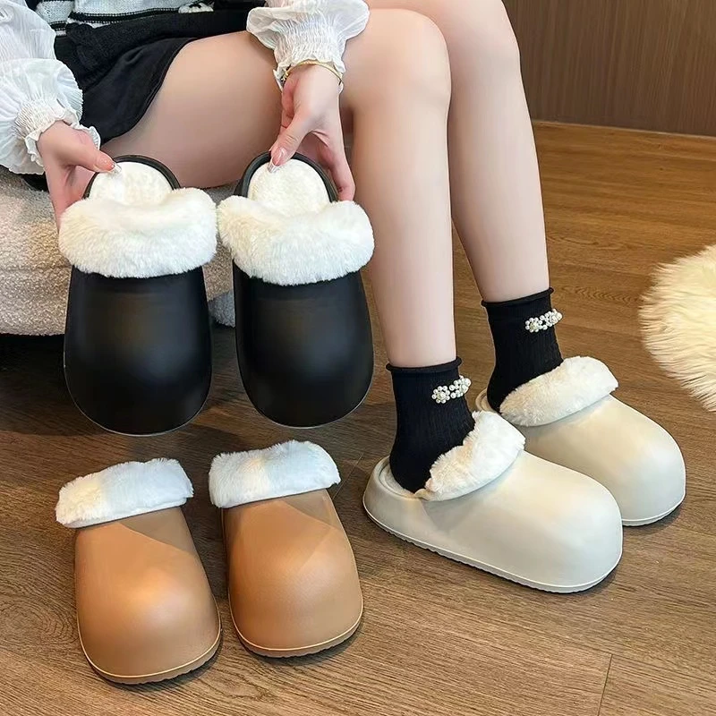 可拆卸防水棉拖鞋冬天防滑外穿保暖加绒厚底毛毛拖鞋居家女士月子