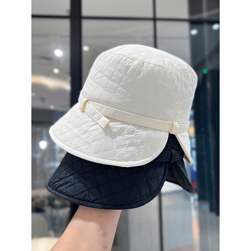 韩版格纹水桶帽子女秋冬季保暖护耳盆帽厚新款开叉可扎马尾渔夫帽