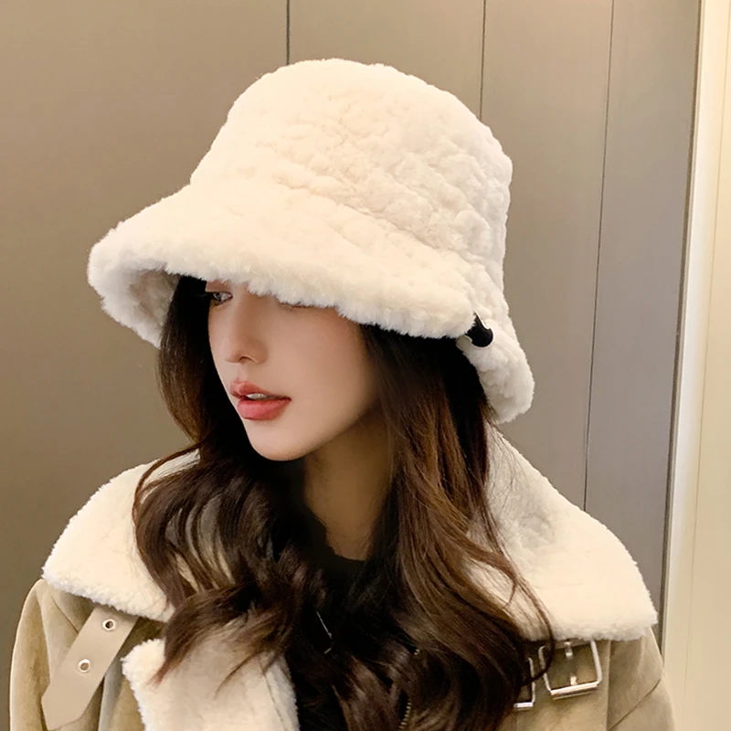 渔夫帽女2023秋冬季百搭保暖羊羔毛盆帽韩国R标宽檐毛绒护耳帽子