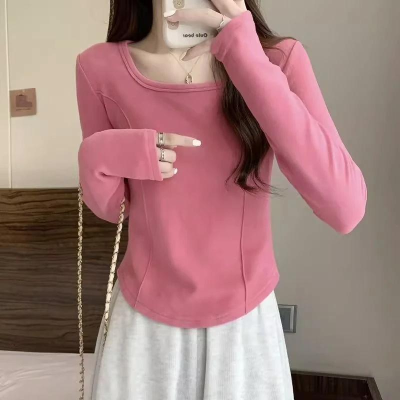 德绒保暖显瘦百搭打底正肩鱼骨学生方领打底修身长袖秋冬上衣女