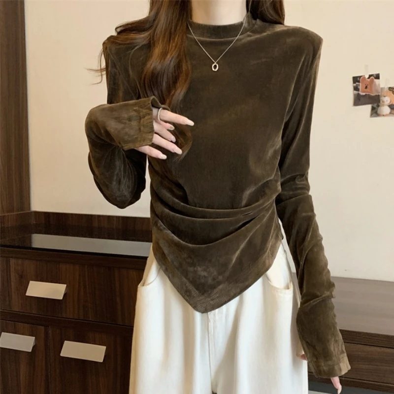 法式别致减龄不规则丝绒长袖T恤女秋季内搭感小众不规则打底上衣