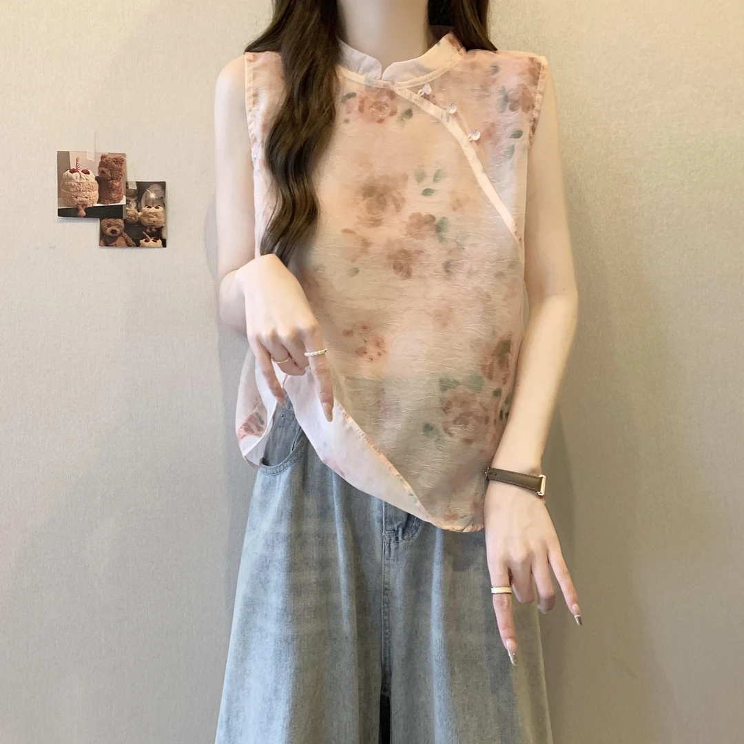 新中式国风田园薄款重工盘扣雪纺衫女夏季设计感遮肚无袖背心上衣