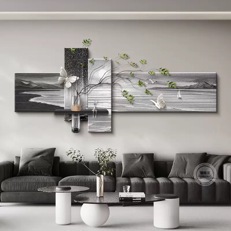 水培绿植客厅装饰画简约黑白沙发背景墙挂画海浪客厅沙发背景挂画