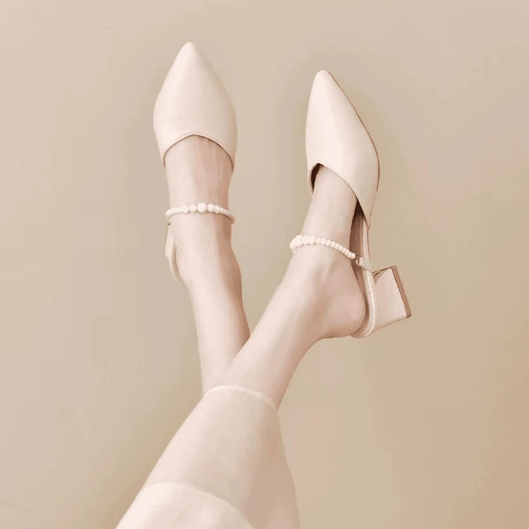 【S2025】串珠凉拖女2025夏季新款尖头凉鞋中跟防滑包头半拖鞋外穿k