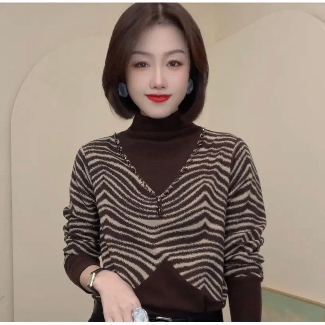 冬季加厚半高领拼接条纹保暖长袖T恤时尚显瘦女士小衫气质百搭