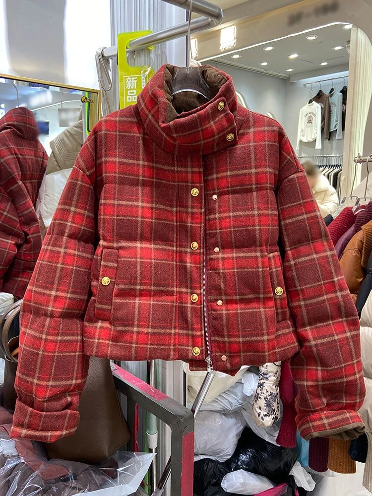 羽绒服服小香风复古圣诞红格子服女冬季短款韩系立领白鸭绒面包服