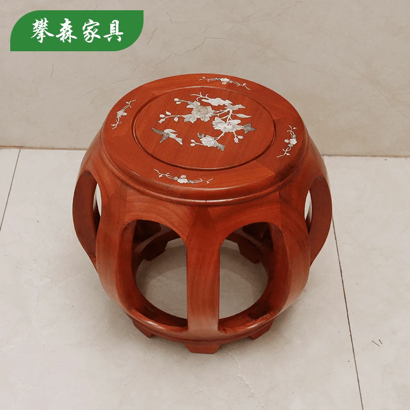 【印花】中式实木鼓凳 沙发茶几矮凳原木民宿风白宫木圆凳 高35cm