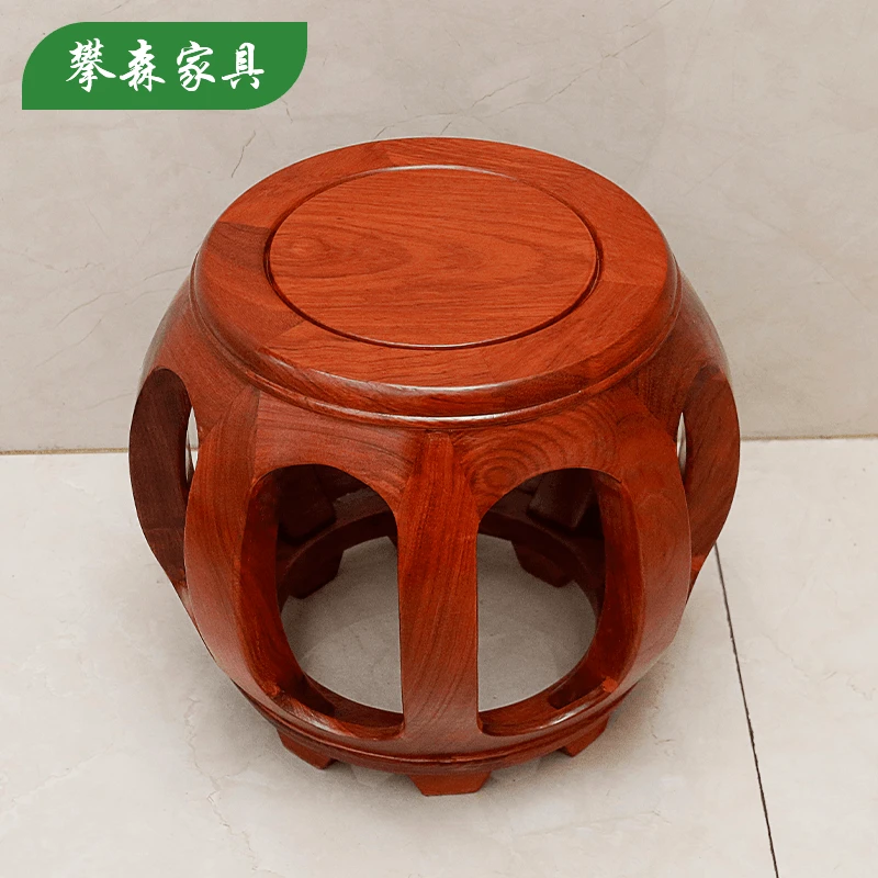 【花梨色】小号花梨木鼓凳 家用中式餐桌圆凳子高35cm（木纹清晰）