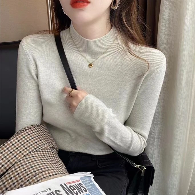 现货～#5007日常搭配百搭半高领内搭纯色软糯针织长袖打底衫女
