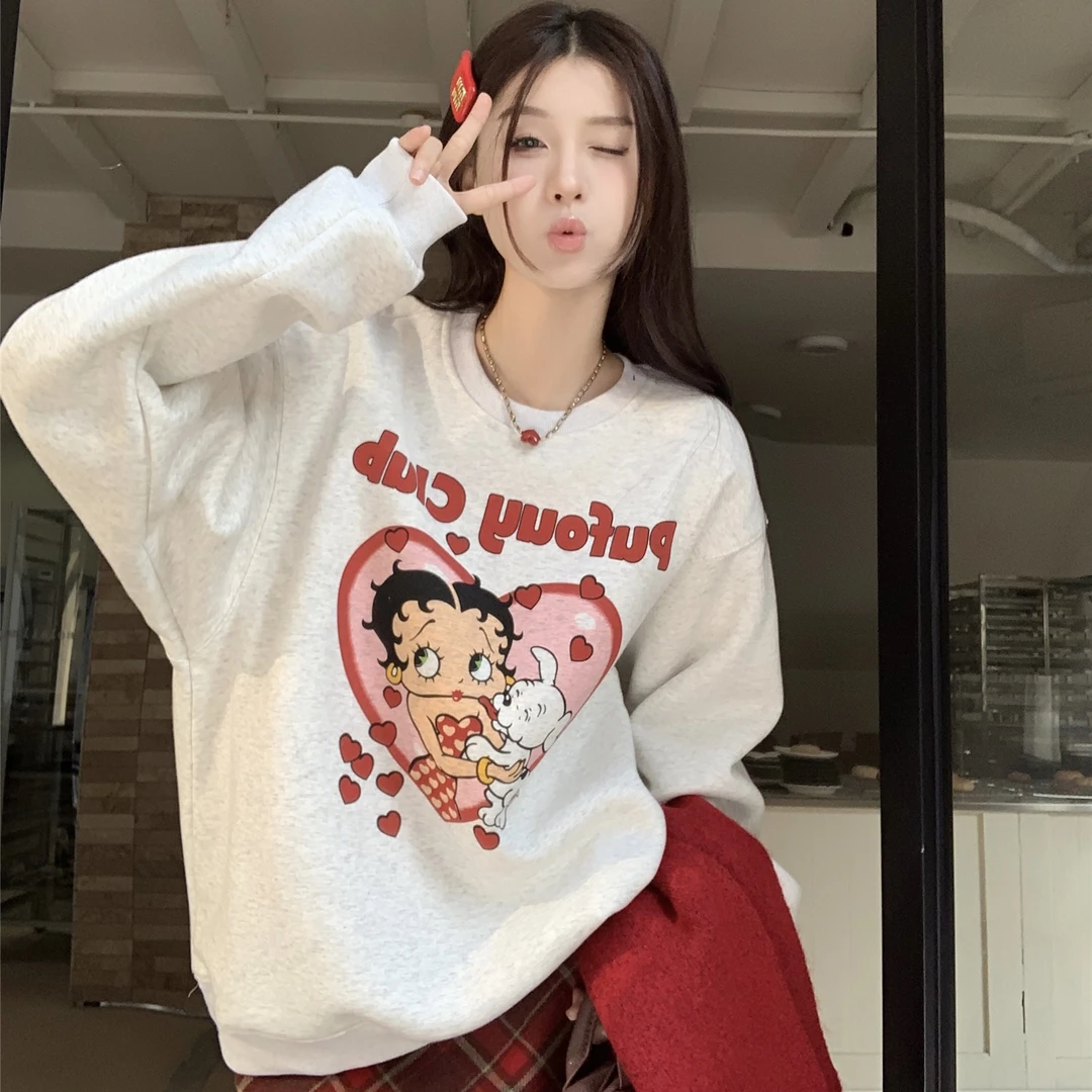 镰仓~1222设计感加绒可爱卡通宽松小众上衣秋冬美式卫衣女#1222