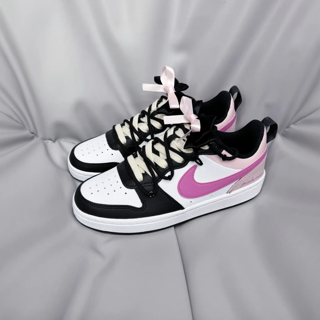 Nike耐克 Court low定制款黑粉蝴蝶结可拆减龄主题玫瑰粉低帮板鞋