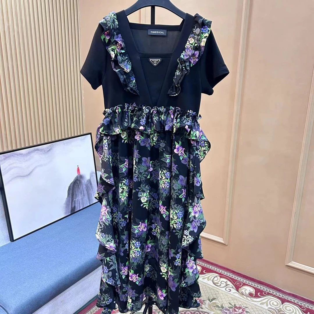 民族风拼接连衣裙礼服夏季蕾丝设计师复古裙子大码女装胖短袖