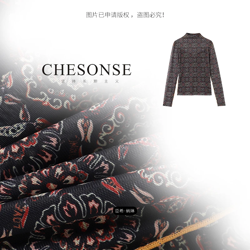 长袖T恤女【秋来】打底衫网纱印花内搭半高领修身上衣5599