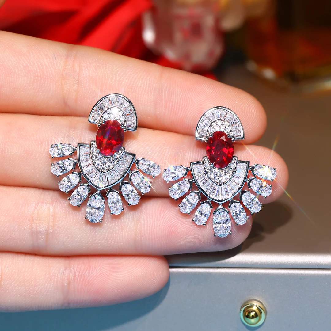 925银合成锆石耳饰 气质彩色轻奢红色鸽血色小扇子耳饰 FYE-3435