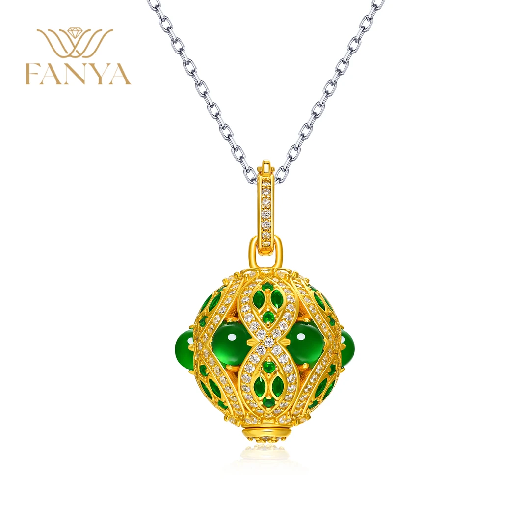 坠链均925银合成锆石 古法国风镂空设计球面吊坠（三色可选）