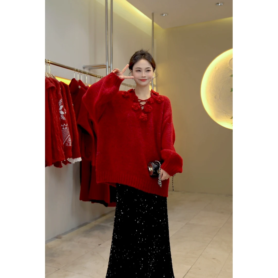 桔子甜了2024秋冬新款绑带V领加厚显瘦气质温柔休闲针织毛衣女