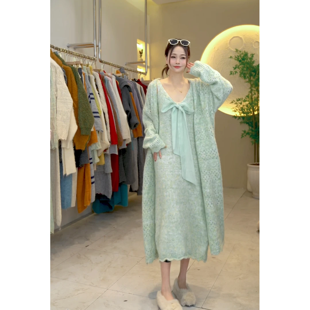 桔子甜了2024早秋新款蝴蝶结外披围脖显瘦气质时尚针织套装两件套