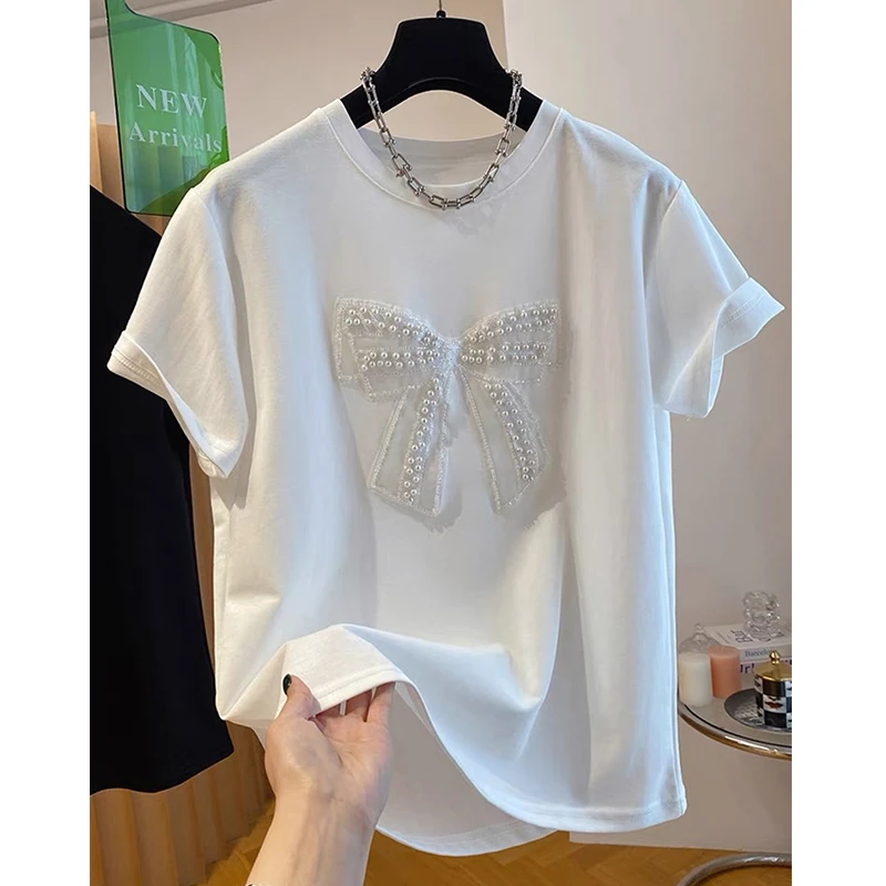 大码240斤胖妹妹重工钉珠蝴蝶角短袖t恤女装夏季时尚小众宽松上衣