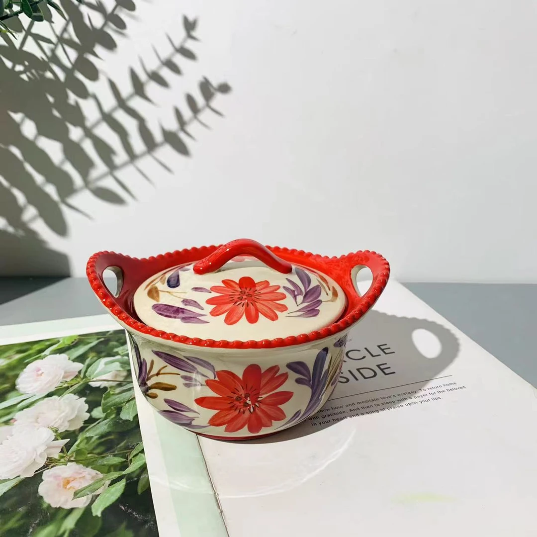 手绘紫嫣红-6.5寸双耳元宝盖碗