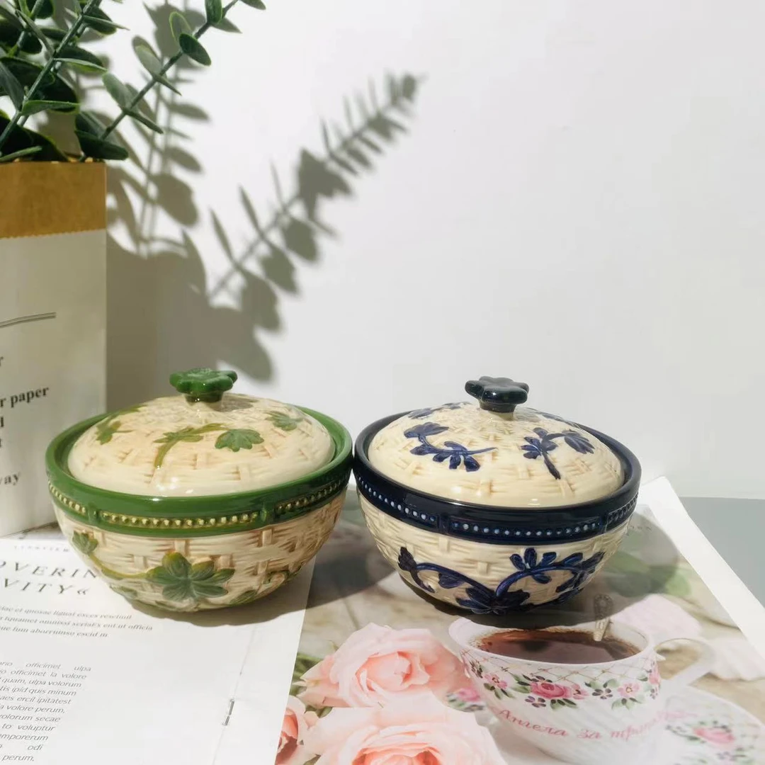 旧世界竹编盖碗-蓝加绿两个装