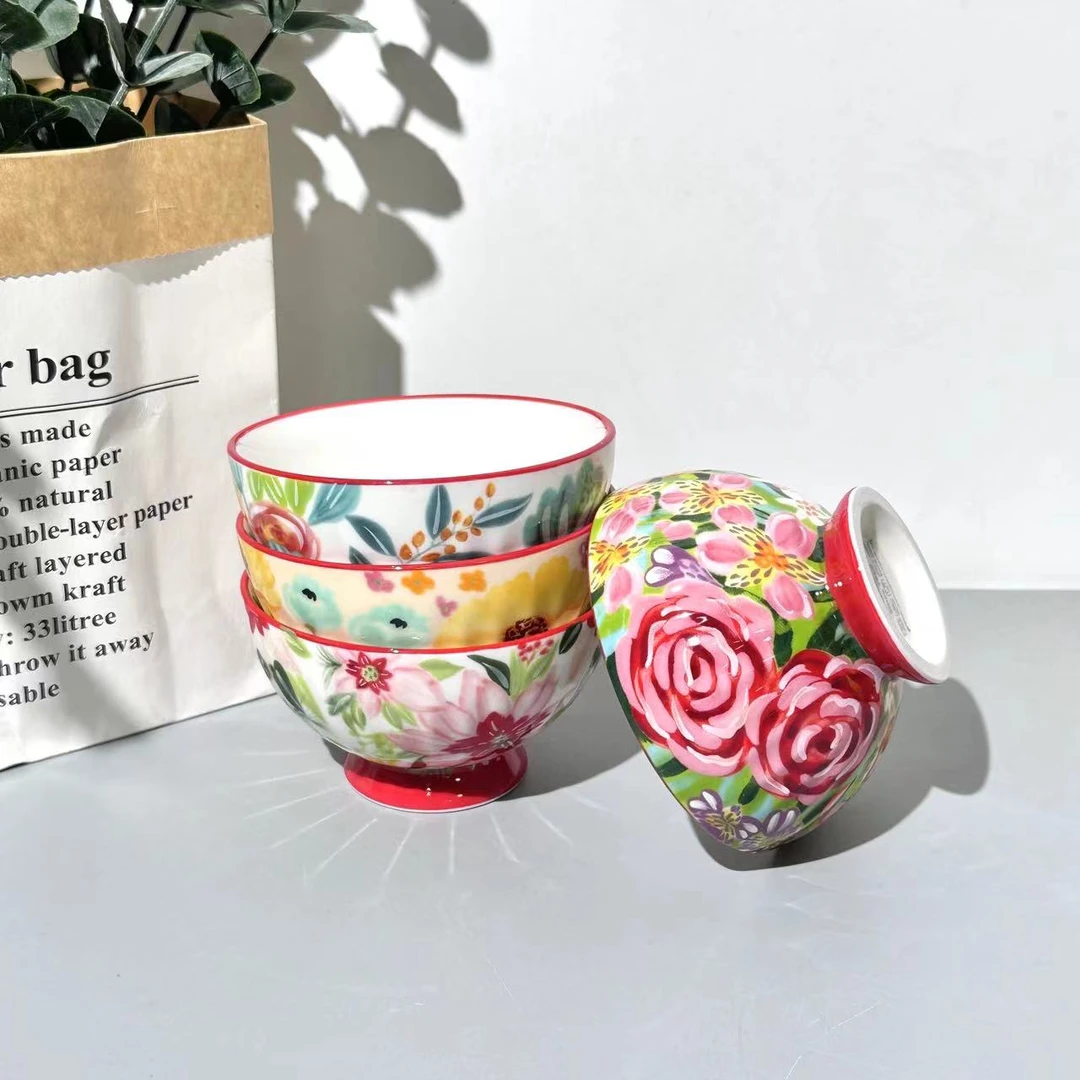 田园风光4寸高脚碗零食碗4个花色装