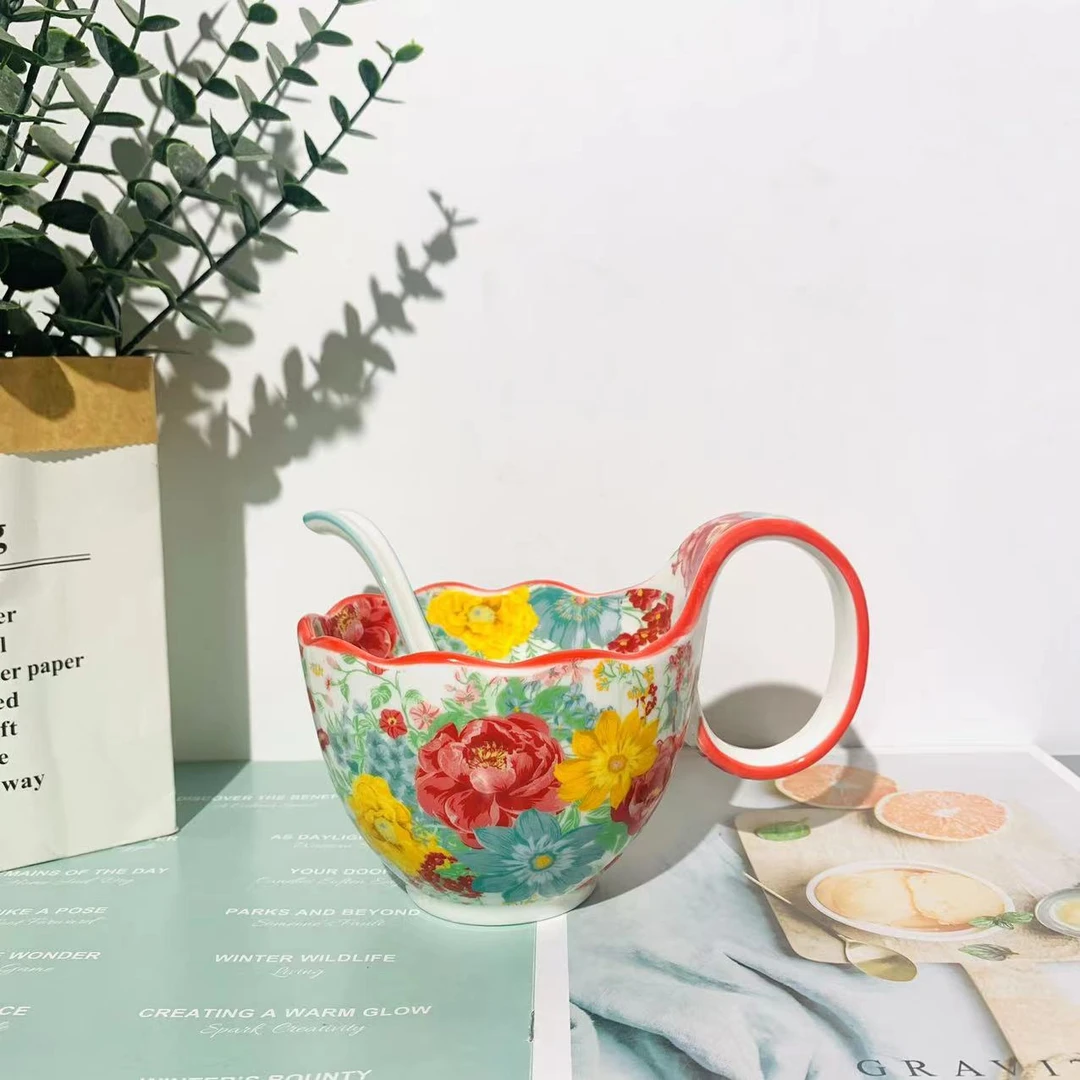 外贸陶瓷美式花团锦簇曲把杯加勺