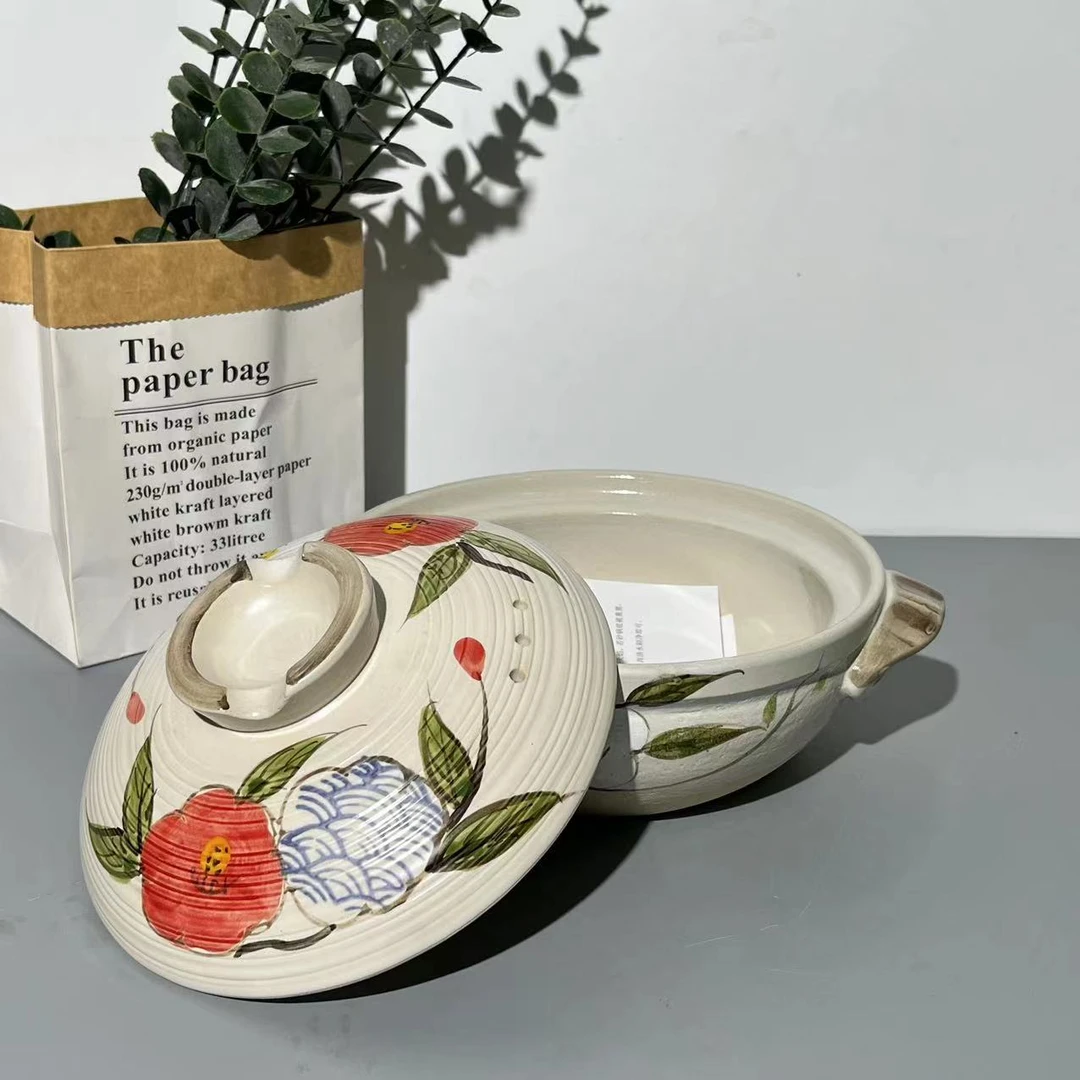 万古烧9.5寸带盖手绘花卉砂锅2升