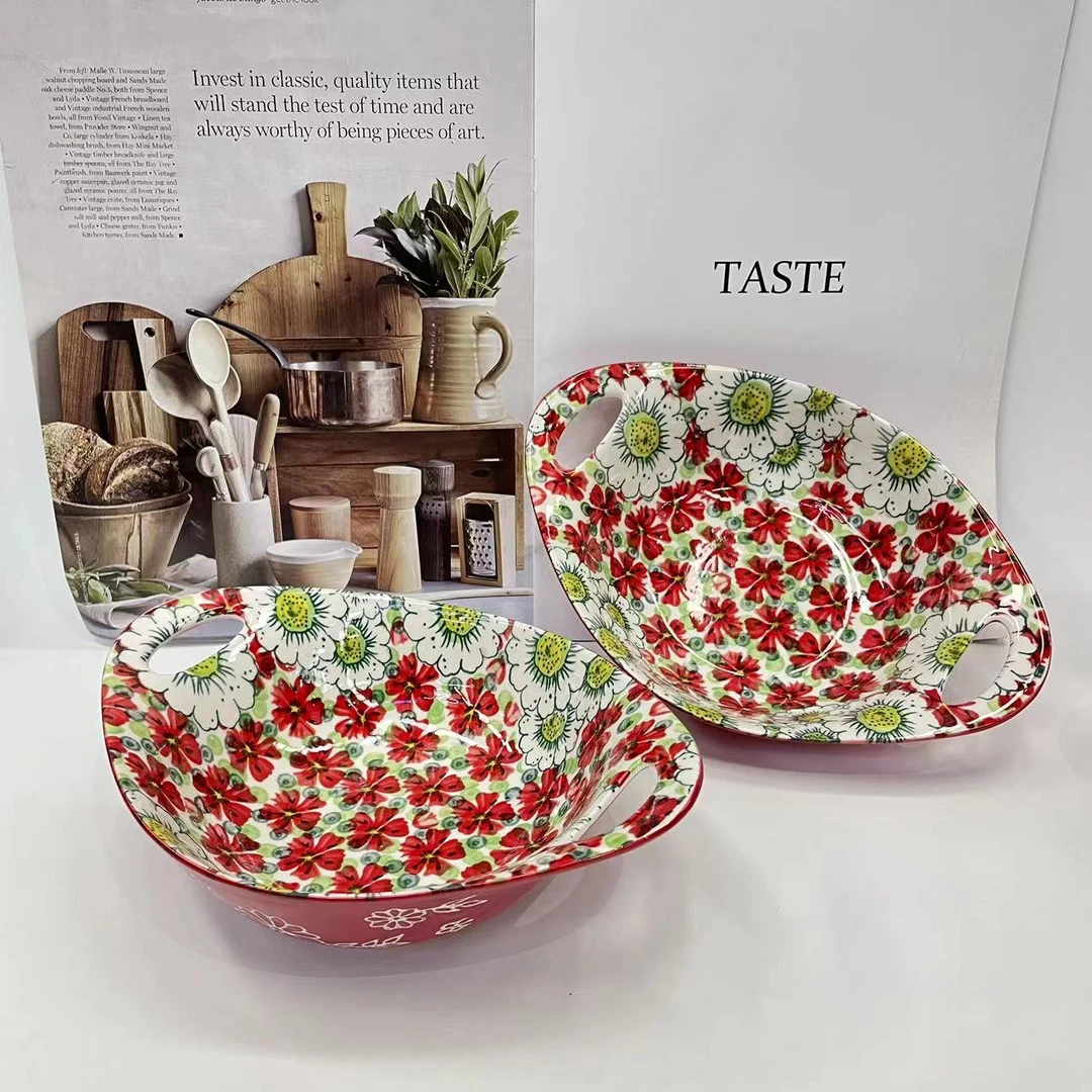 【好看精致】红色海洋-9寸双耳元宝碗2个装