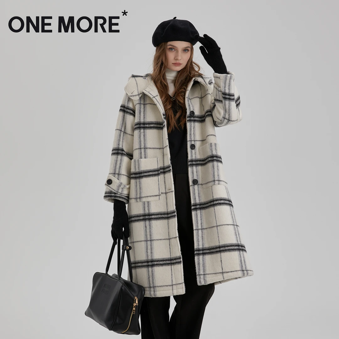 ONEMORE*秋冬女装中长款格子毛呢双面呢反季大衣外套女DYT23W3505