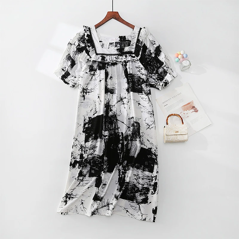 胖MM200斤夏季加长睡裙棉绸短袖宽松加肥加大码孕妇薄款法式睡衣